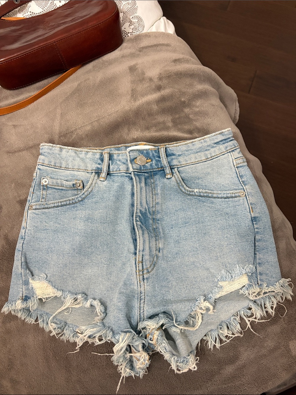 Zara Light Blue Distressed High-Rise Denim Shorts